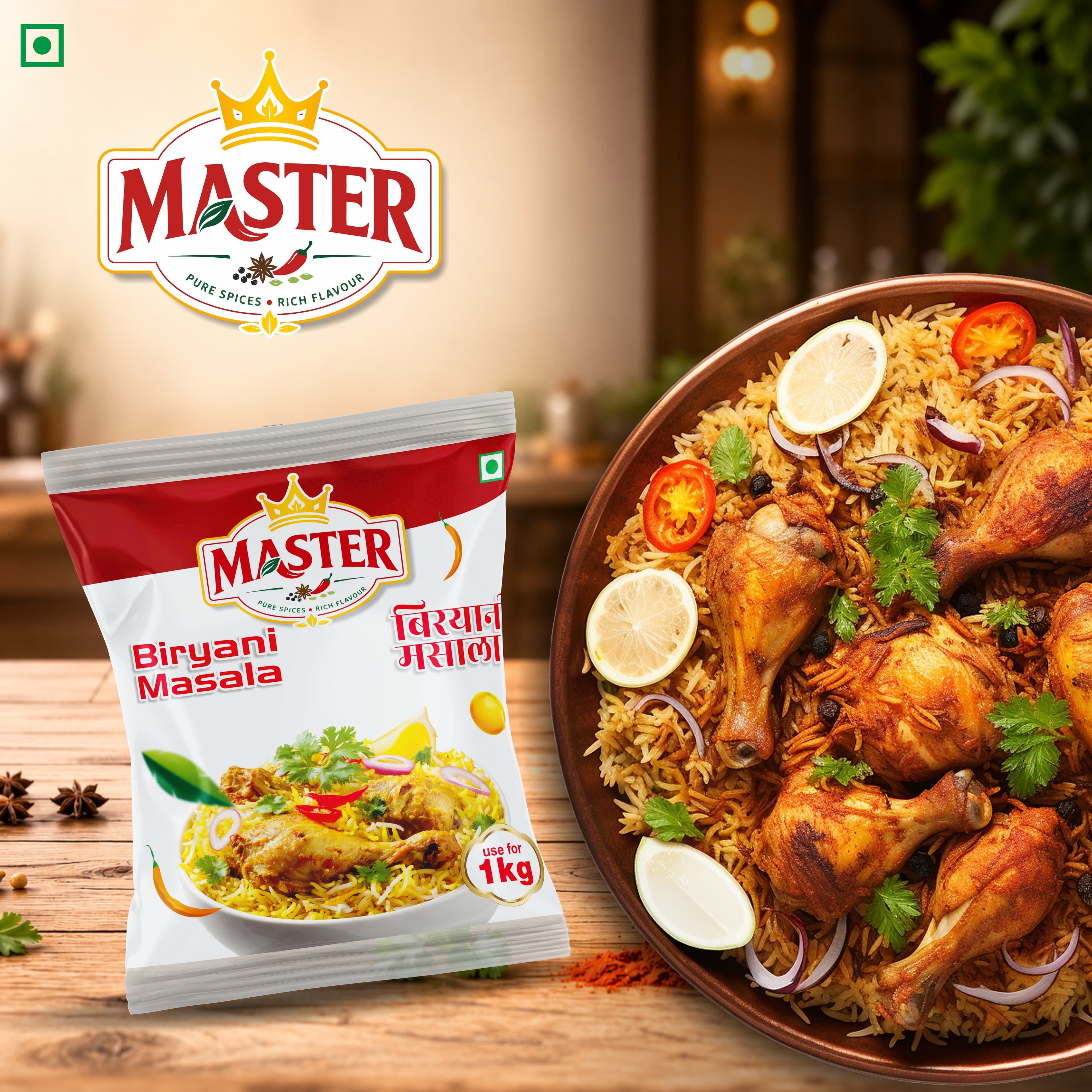 Master Biryani Masala 40 g pouch with prepared chicken biryani