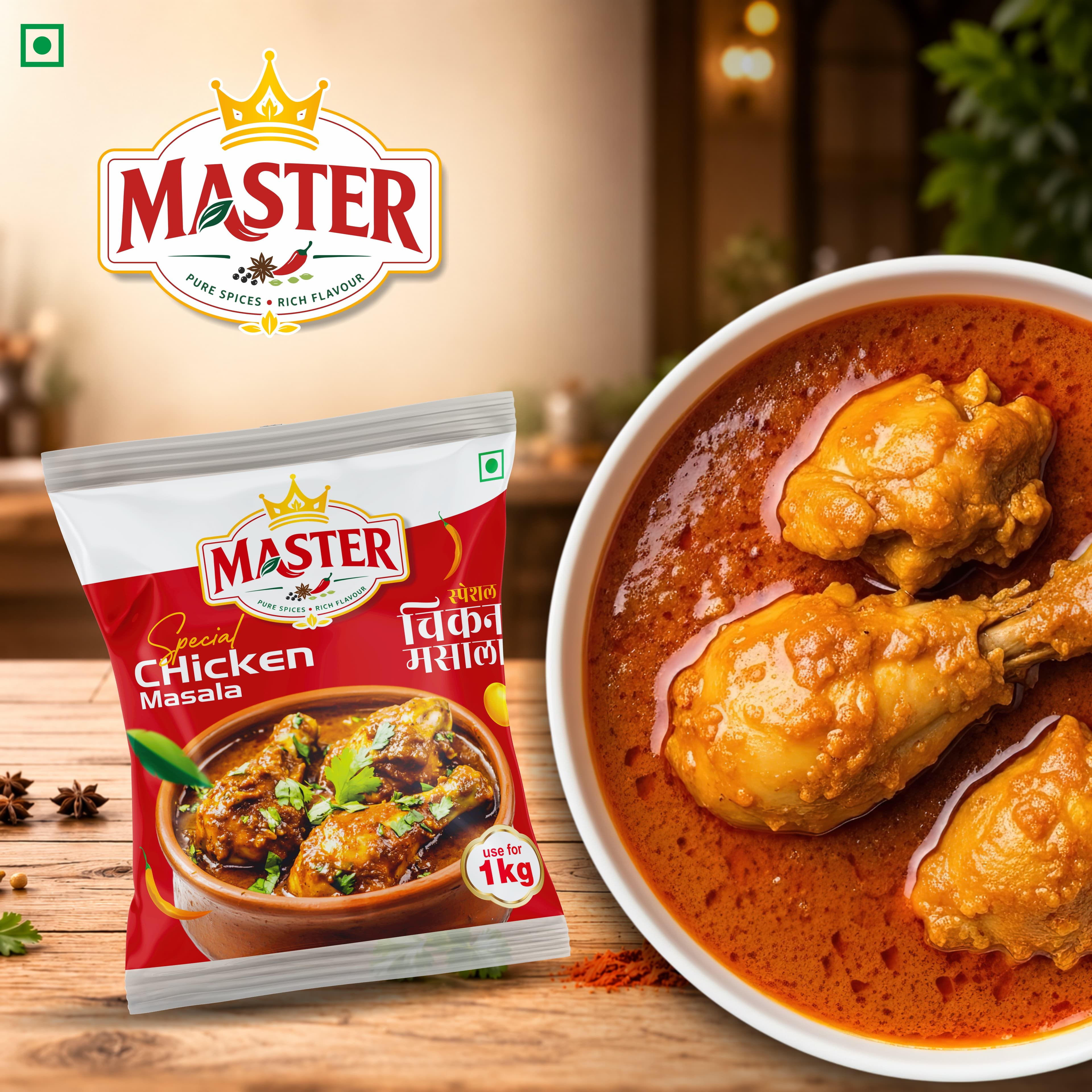 Master Chicken Masala 40 gm pouch with prepared chicken dish